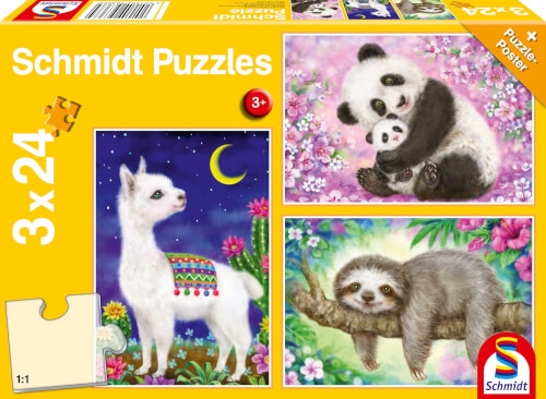 Schmidt Spiele 56368 Puzzle Panda, Lama, Faultier, 3x 24T