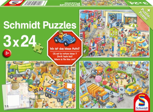 Schmidt Spiele 56416 Puzzle Wo ist das blaue Auto? 3 x 24 Teile