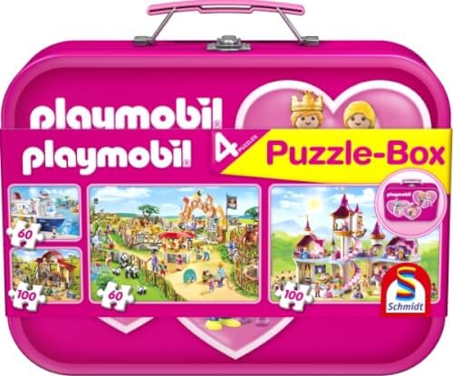 Schmidt Spiele 56498 Puzzle Playmobil, Puzzle-Box pink, 2x60, 2x100 Teile