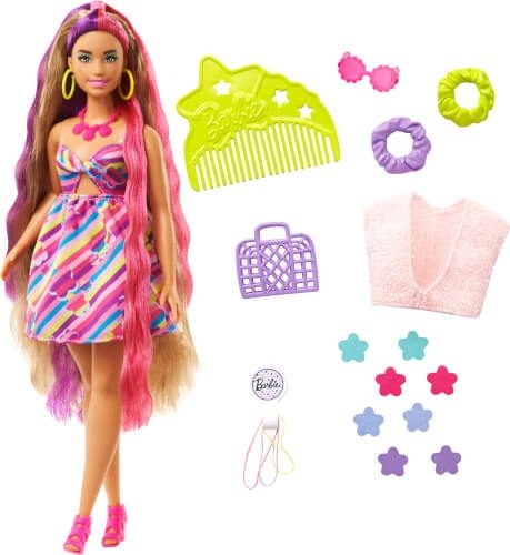 Mattel HCM89 Barbie Totally Hair Puppe im Blumenlook, 21,6 cm langes Fantasiehaar, 15 Zubehörteile,