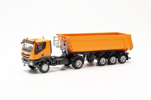 Herpa 315111 Iveco Trakker Schmitz Cargobull Kippsattelzug mit Stahlmulde, kommunalorange