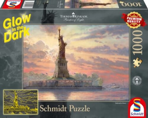 Schmidt Spiele 59498 Puzzle Thomas Kinkade Freiheitsstatue in der Abenddämmerung, 1000 Teile, Glow i