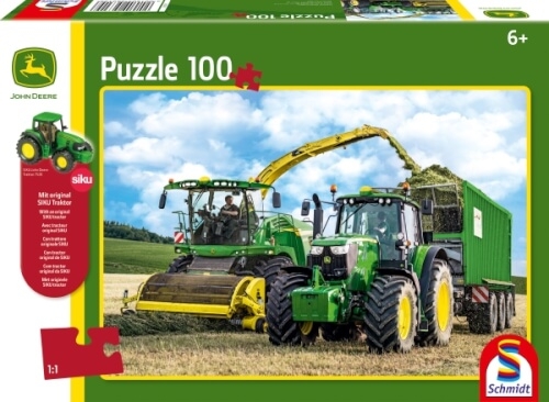 Schmidt Spiele 56315 Puzzle John Deere Traktor 6195M und Feldhäcksler 8500i, 100 Teile
