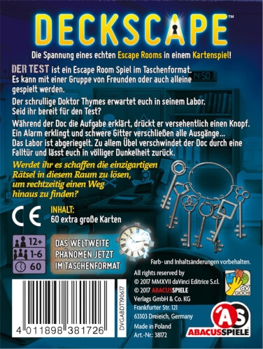 Deckscape - Der Test, Escape Room Kartenspiel, ab 12 Jahren, Spieldauer ca. 60 Min