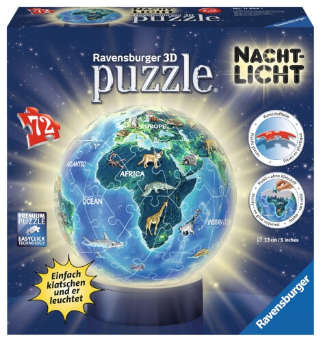 Ravensburger 11844 Puzzleball Erde Nachtdesign, Nachtlicht 72 Teile