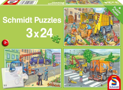 Schmidt Spiele Puzzle Müllwagen, Abschleppauto und Kehrmaschine 3x24 Teile