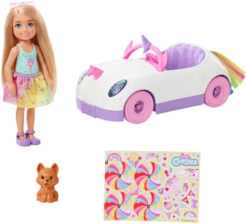 Mattel GXT41 Barbie Chelsea Puppe Spiel-Set inkl. Auto, Regenbogen-Einhorn Zubehör
