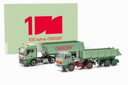 Herpa 316699 Set 100 Jahre Geiger MAN TGS TM Rundmuldenkipp-Sattelzug (Schmitz) + Mercedes-Benz Bauk