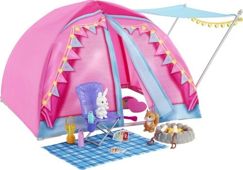 Mattel HGC18 Barbie Abenteuer zu zweit Camping-Spielset mit Zelt, 2 Barbie-Puppen und Zubehörteilen