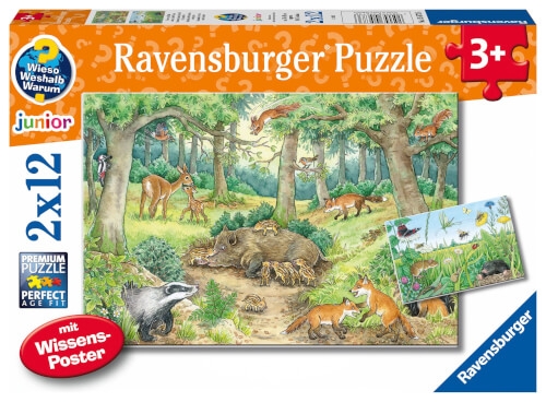 Ravensburger Kinderpuzzle - 05673 Tiere im Wald und auf der Wiese - 2x12 Teile + Wissensposter, Wies